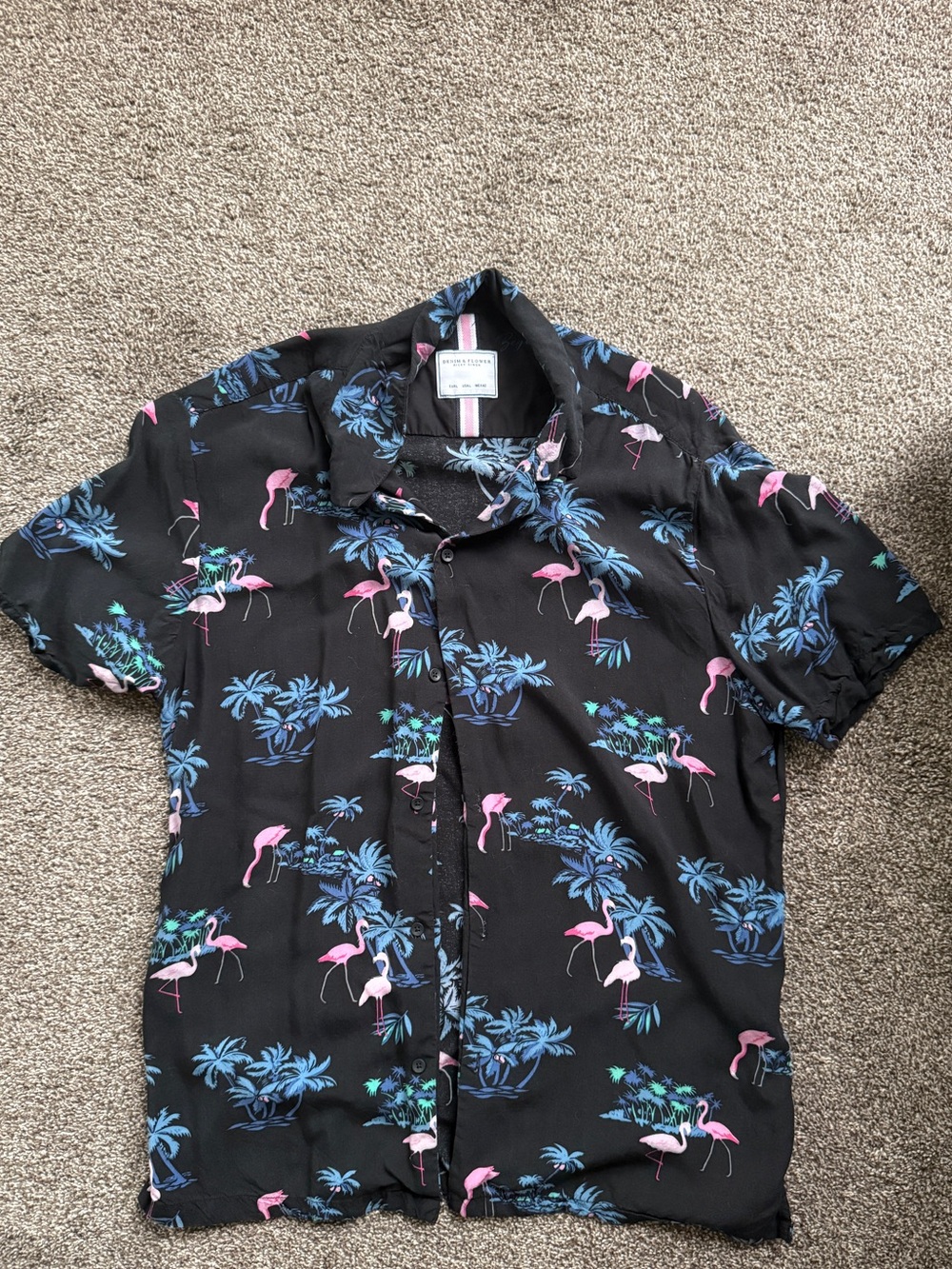 Denim & Flower Black Short-Sleeve Flamingo Print Button-Down Shirt